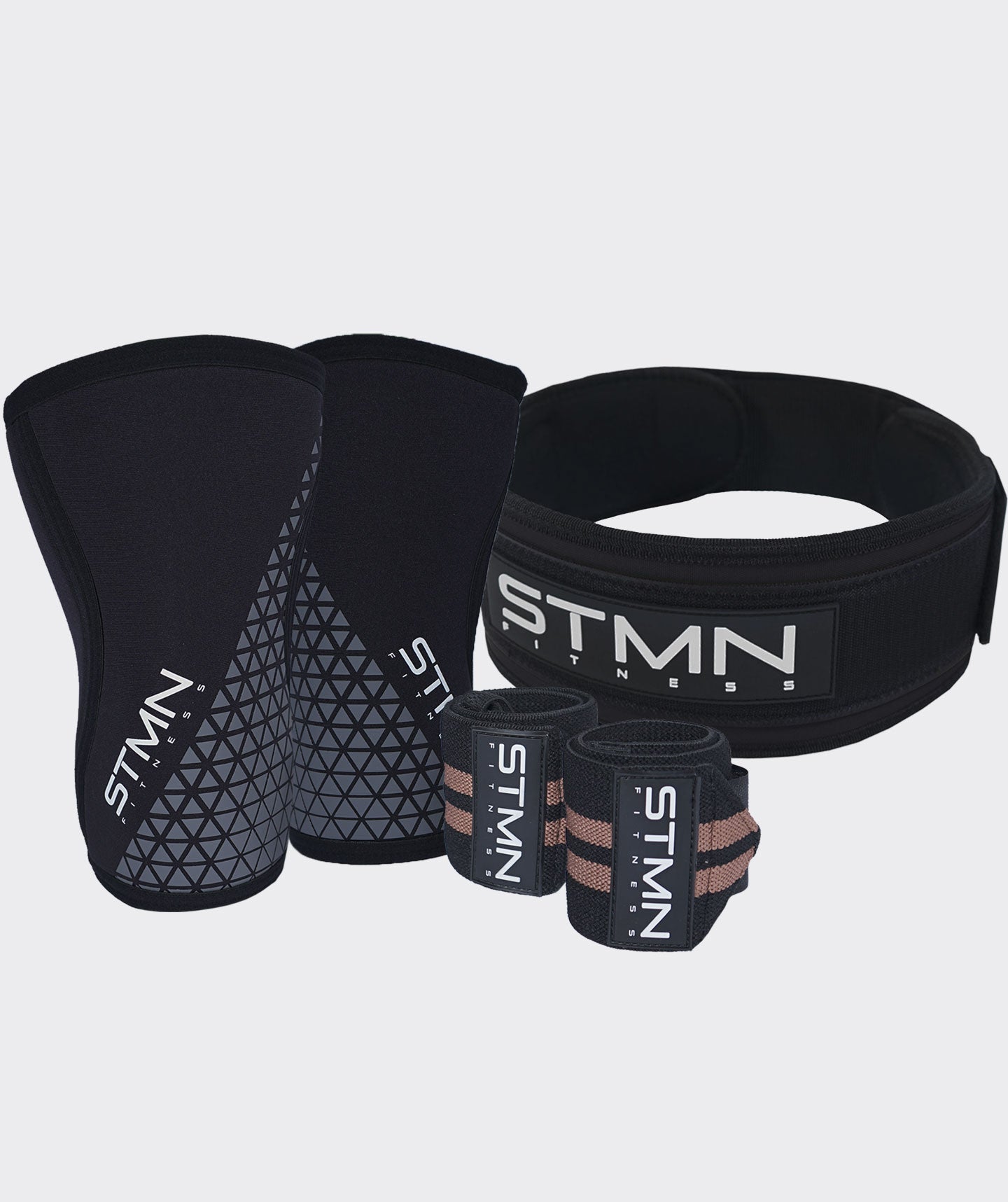 Pack - Black Workout Belt + Black and Gold Elastic Wrist Wraps + 7mm Black Knee Pads